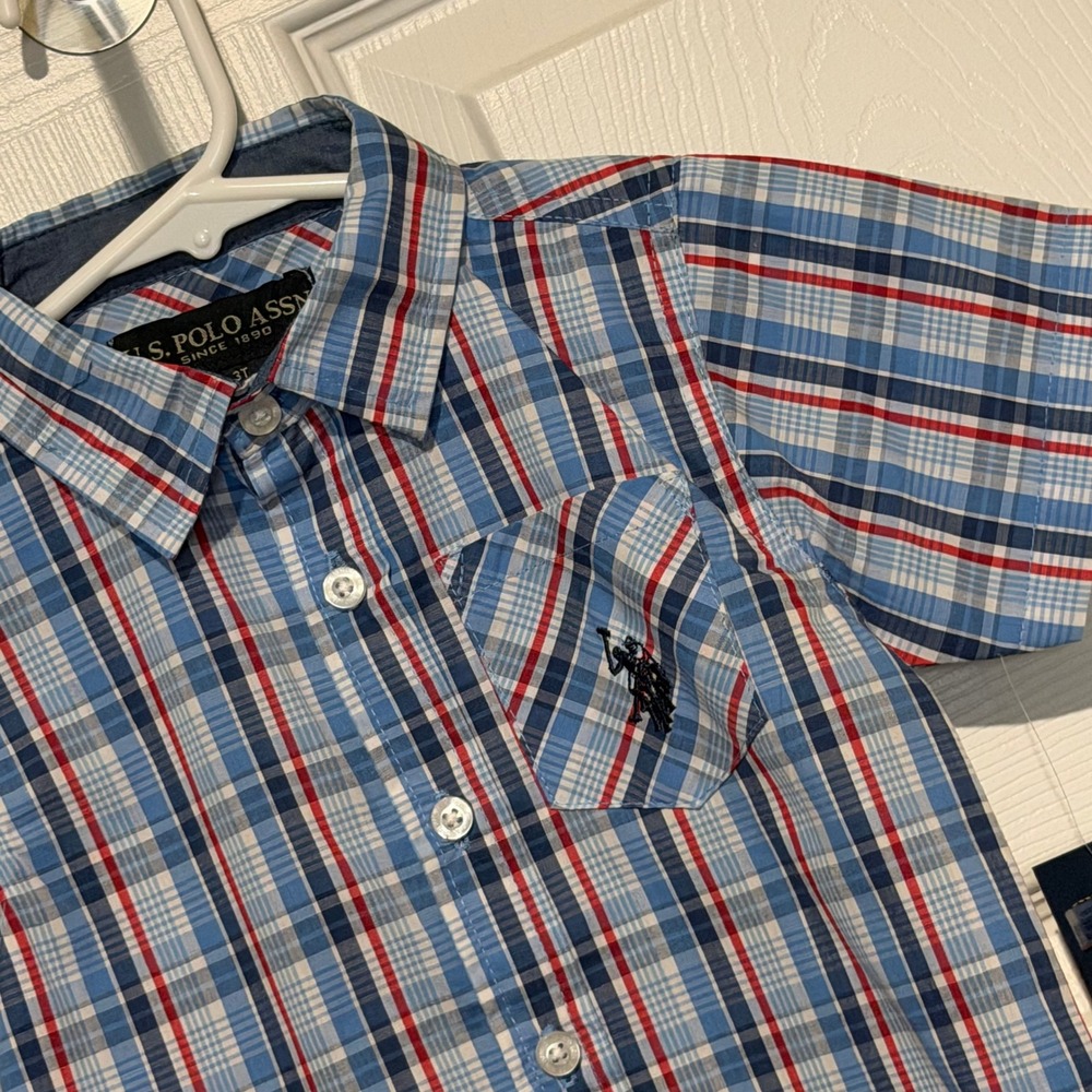 U.S. Polo Assn. Button Down Kids 3T Blue Red Plaid NWT Short Sleeve Shirt